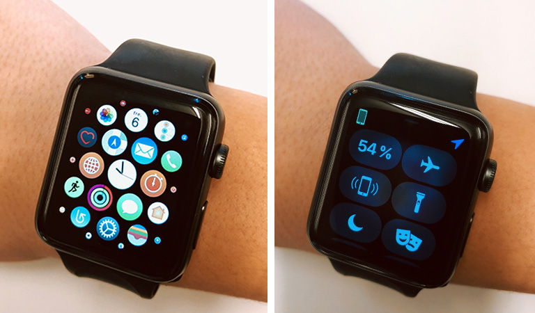 To bilder av Apple Watch Serie 3 som viser menyen og kontrollsenteret